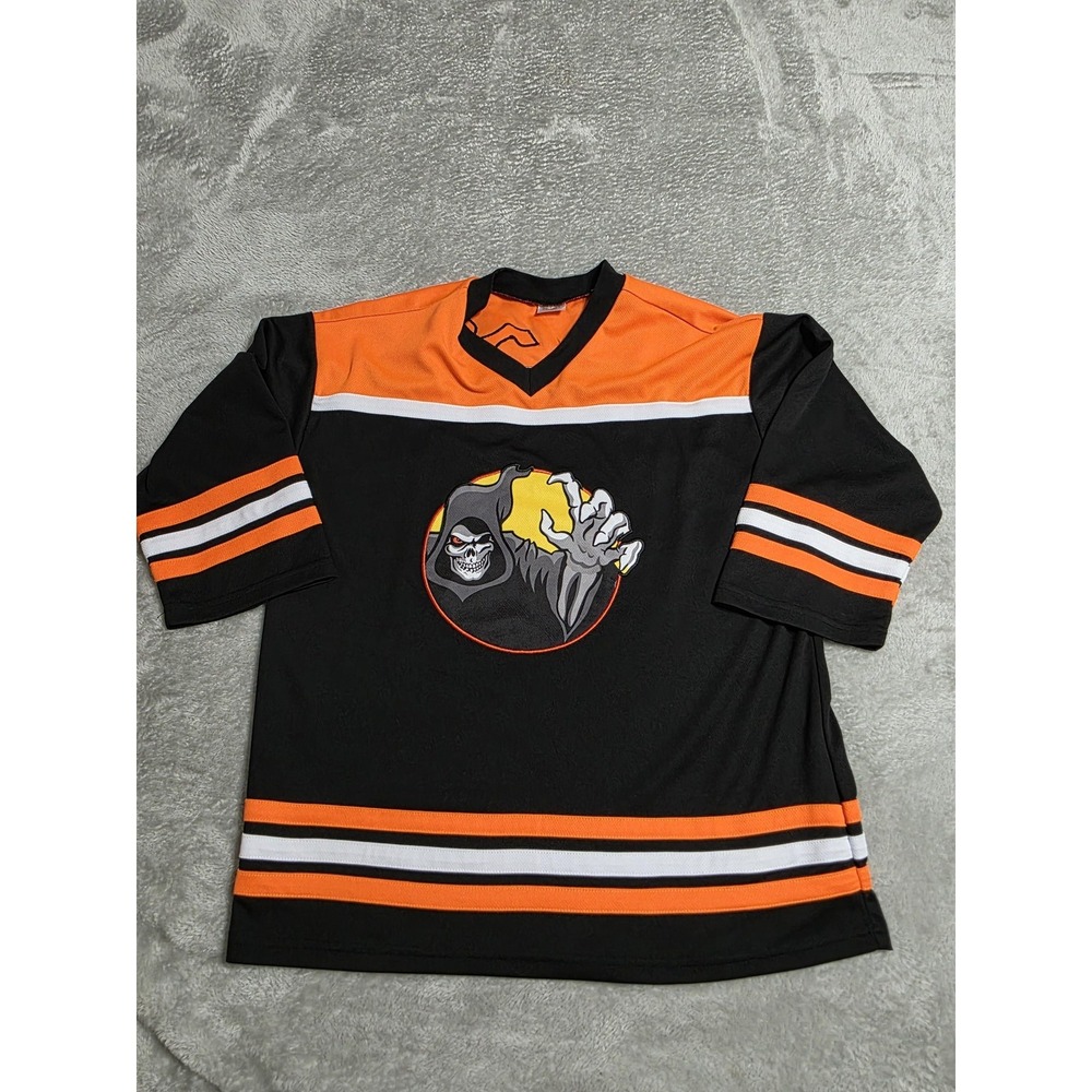 Spirit Youth Hockey Jersey Boys XL Black Orange Grim Reaper 31 Skull Shirt